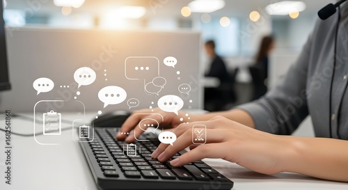 Businesswoman typing on a keyboard with virtual communication icons, illustrating the concept of online customer support, live chat, and social media engagement