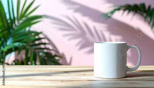 White mug on light wood surface, set against a pink wall with palm shadows. Soft natural lighting. Clean and aesthetic composition