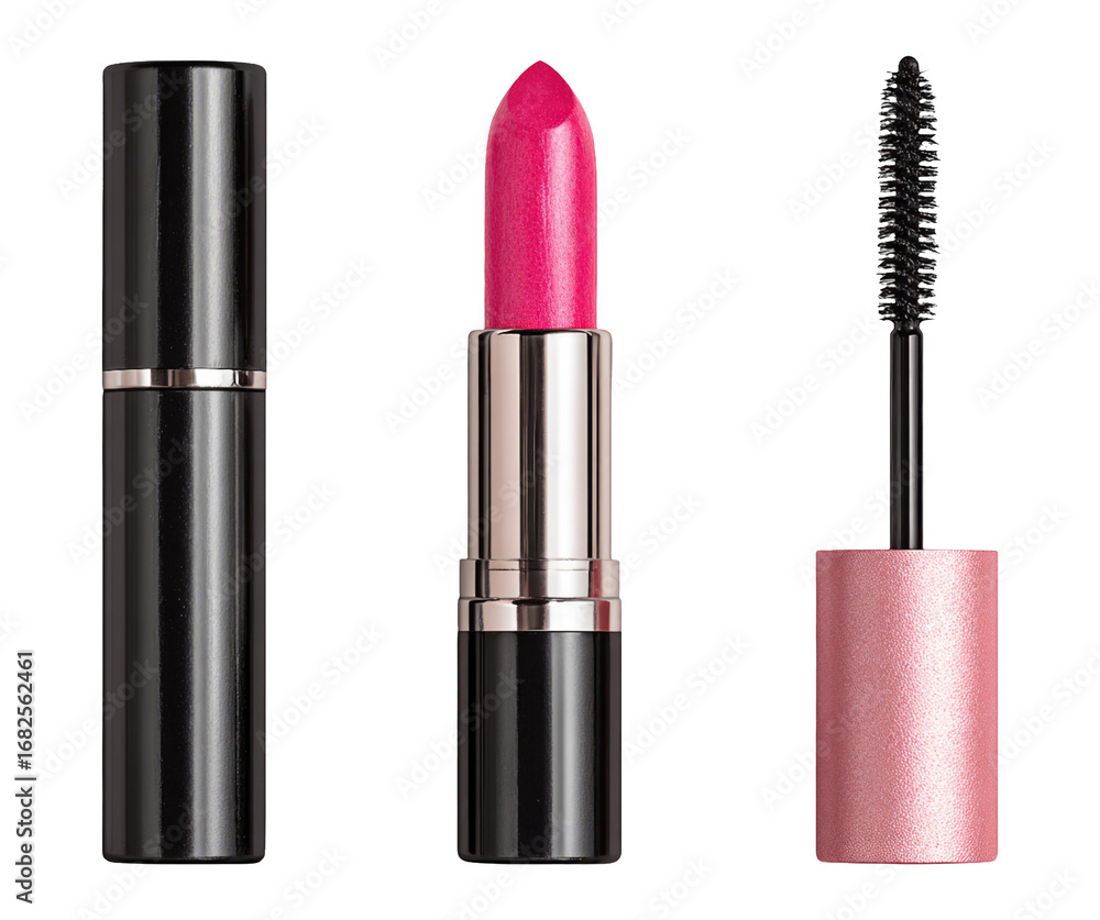 Obraz premium Bright Pink Lipstick and Black Mascara Isolated on Transparent Background