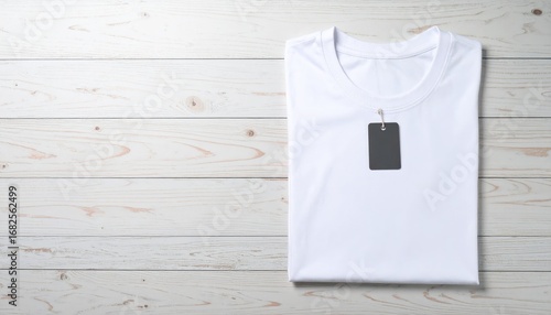 Folded white t-shirt with a blank gray tag on a light wooden surface, seen from an overhead angle