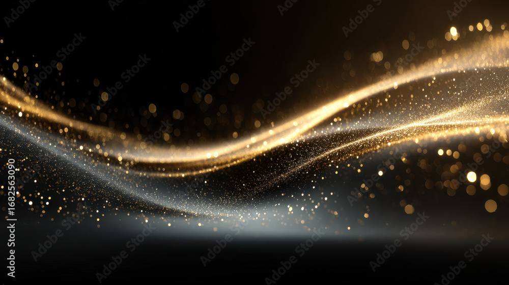 Fototapeta premium Elegant golden particles swirl gracefully in dark background, creating mesmerizing and magical atmosphere. shimmering lights evoke sense of wonder and beauty