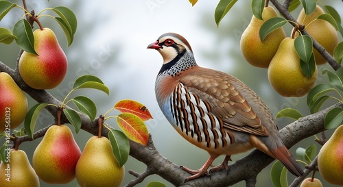 Colorful Partridge Perched on Branch with Ripe Yellow Red Pears in Natural Outdoor Setting