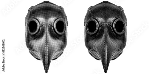 Vintage Plague Doctor mask halftone on transparent PNG. Ideal for overlays, posters, and designs. High-res, AI-based with human edited effects. Old vintage trendy dotted pop art style.
