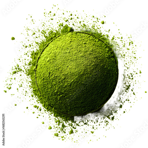 Vibrant Matcha Powder Explosion: A Close-Up of Green Tea Delight on Black Backdrop