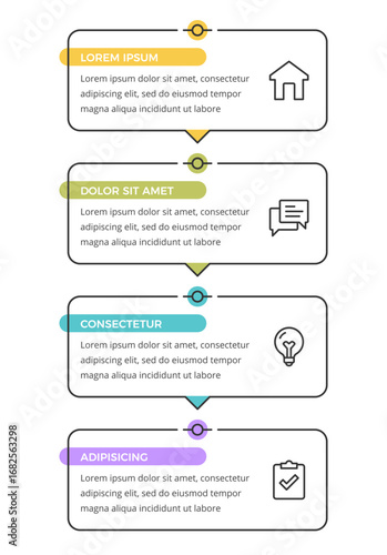 Vertical infographic template with four linear frames with icons and text areas for business presentations