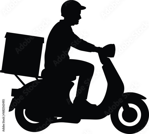 Silhouette of delivery person riding scooter with helmet, carrying box, fast transportation, urban courier service, motorbike delivery concept - flat vector illustration