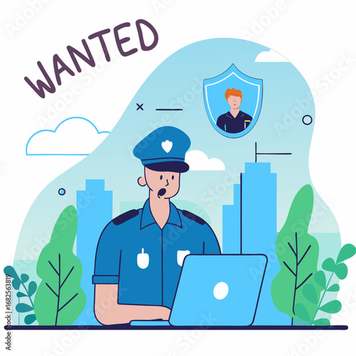 Police Officer Online Service Platform – Detective Interrogation, City Patrol, Community Policing, and Wanted Database Vector Illustration
