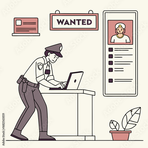 Police Officer Online Service Platform – Detective Interrogation, City Patrol, Community Policing, and Wanted Database Vector Illustration
