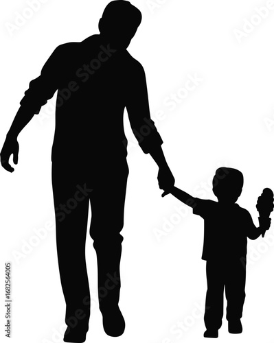 Silhouette of father holding hands with young child, walking together outdoors, family bonding, parental love, childhood moments, happy family scene - flat vector illustration