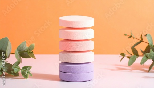 A stack of colorful, round sponges set against an orange backdrop, accented with greenery, showcasing a playful and vibrant composition
