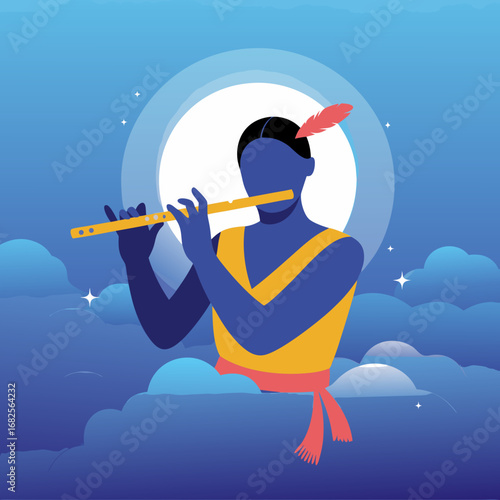 A serene vector illustration of the Hindu deity Krishna playing a bansuri flute amongst the clouds under a full moon