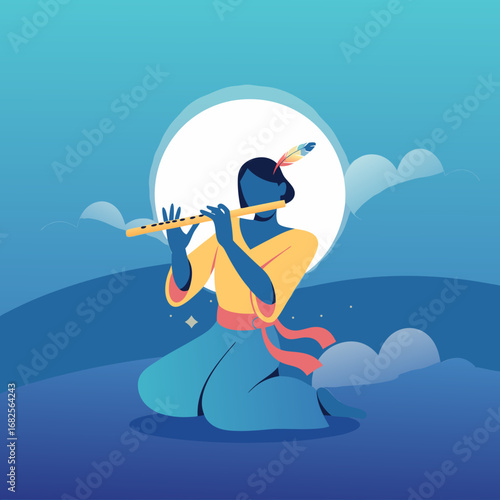 Vector illustration of the Hindu deity Lord Krishna playing the flute under a full moon, a serene and spiritual mythological scene