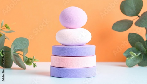 Beauty still life of stacked pink & purple foam shapes, with eucalyptus sprigs, on a white surface against a vibrant orange backdrop