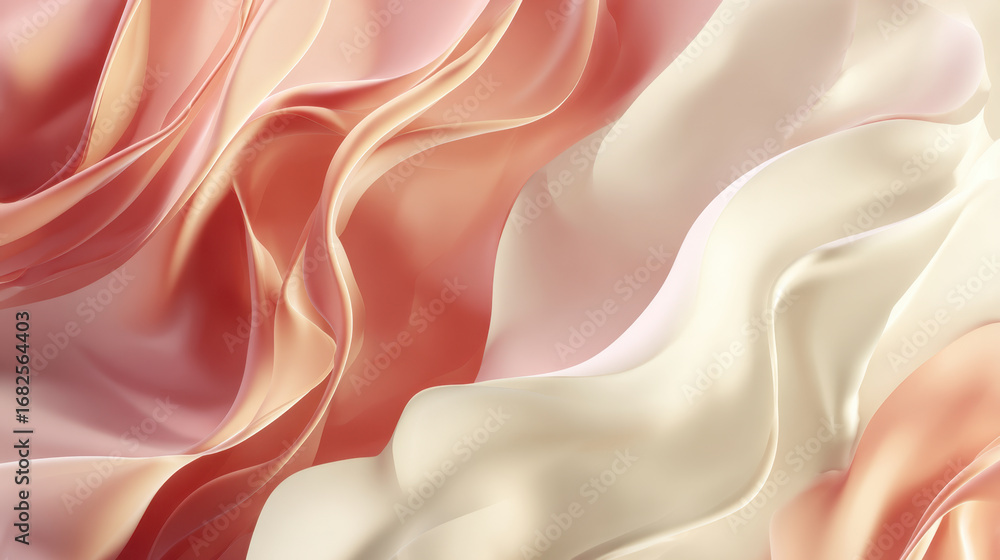 Fototapeta premium Soft silk fabric drapes gracefully in shades of pink and cream, creating luxurious and elegant texture. gentle waves and folds evoke sense of calm and sophistication
