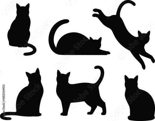 Silhouettes of six cats in different poses, sitting, stretching, and playful, various feline shapes and postures - flat vector illustration