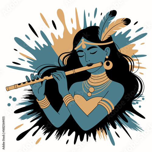 A serene devotional figure, reminiscent of Krishna, plays a mystical flute amidst dynamic artistic splatters, presented as a captivating vector illustration that embodies ancient spiritual grace