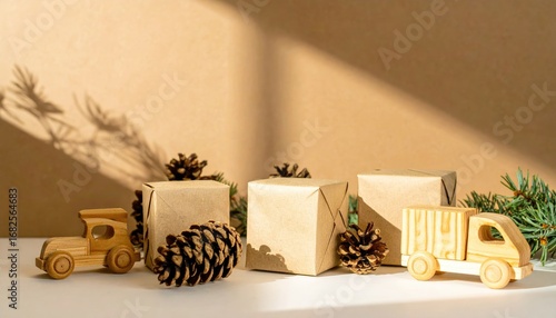 Arrangement of gift boxes, pinecones, wooden trucks, and evergreen sprigs with sun-dappled shadows against a warm-toned background