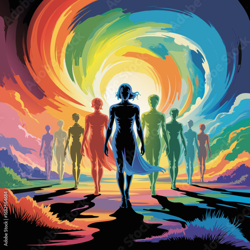 A spiritual vector illustration of a divine figure reminiscent of Krishna leading souls on a colorful journey towards cosmic enlightenment