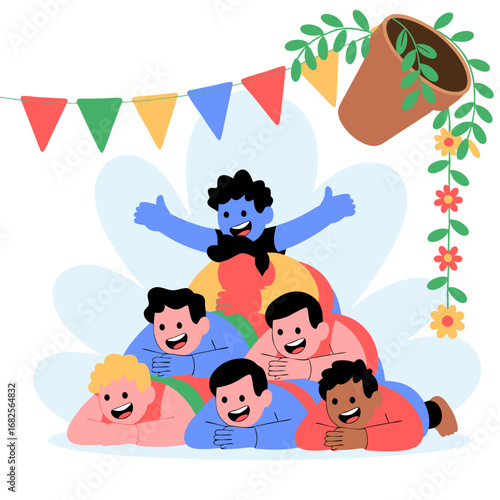 Vibrant Vector Illustration Depicting a Festive Human Pyramid Celebrating a Krishna-Inspired Cultural Event with Enthusiasm and Unity