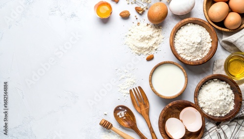 Flat lay of baking ingredients flour, eggs, milk, and almonds in wooden bowls and utensils on a textured white surface, positioned to the right