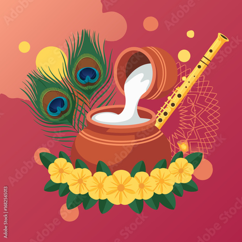 Colorful vector illustration depicting elements associated with Lord Krishna, featuring a pot of milk, peacock feathers, and a flute, ideal for spiritual or festive designs