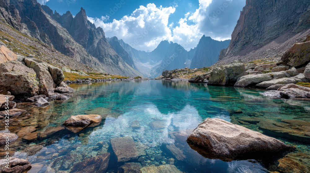 Naklejka premium Serene mountain landscape featuring clear turquoise lake surrounded by rugged peaks and rocky terrain. reflection of mountains water creates tranquil atmosphere, inviting exploration and adventure