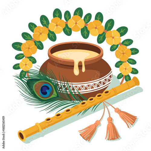 Festive Krishna vector illustration, showcasing traditional Hindu symbols a flute, butter pot, and a peacock feather, capturing cultural devotion and joyous celebration
