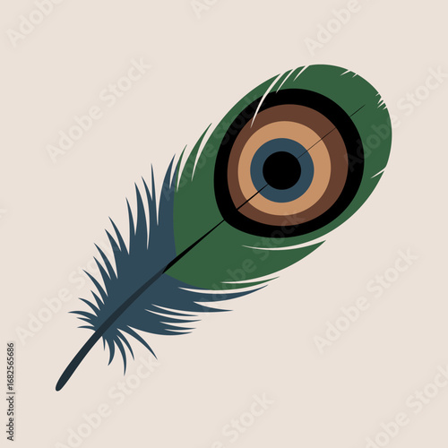 Stylized peacock feather vector illustration with vibrant colors, embodying a spiritual essence reminiscent of Krishna's divine symbolism and elegant natural beauty, perfect for cultural or graphic de
