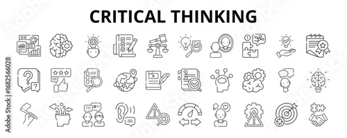 30 Critical Thinking Line Icons Vector - Logic, Evaluation, Insight, Solution, Appraisal, Exploration, Interpretation, Risk Management