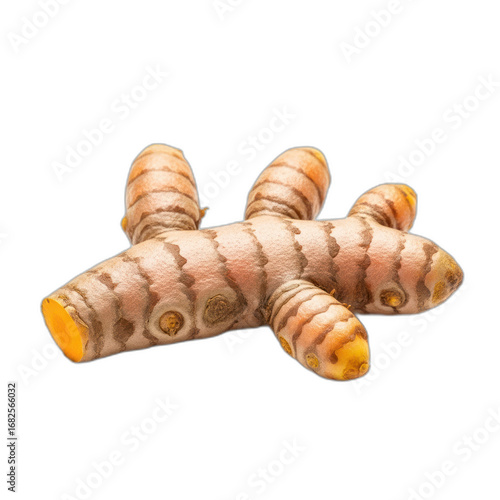 Fresh Turmeric Rhizome with Sliced End Revealing Vibrant Interior, Isolated for Culinary and Health Concepts. Transparent PNG Image