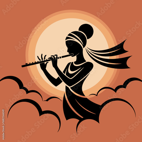 Stylized vector artwork depicting a graceful musician in the spirit of Krishna, playing a captivating flute melody under a radiant sky, evoking ancient tales and serene devotion