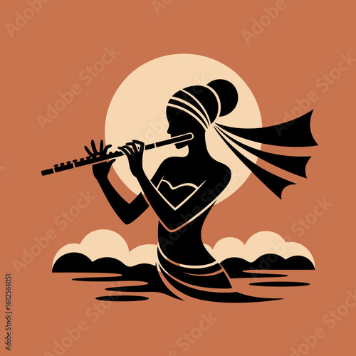 Stylized vector artwork depicting a graceful musician in the spirit of Krishna, playing a captivating flute melody under a radiant sky, evoking ancient tales and serene devotion