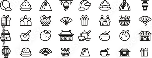 chuseok editable line icon set collection. festival, korea, food, tradition icons. vector illustrations