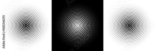 Set of halftone dots gradient pattern texture isolated on white background. Straight dotted spots using halftone circle dot raster texture. Vector blot half tone collection.
