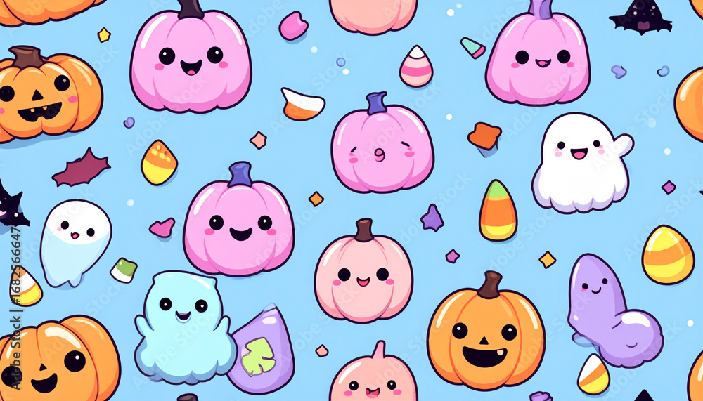 Fototapeta premium Halloween seamless background, cute pumpkins, candy, ghost icons, pastel color scheme