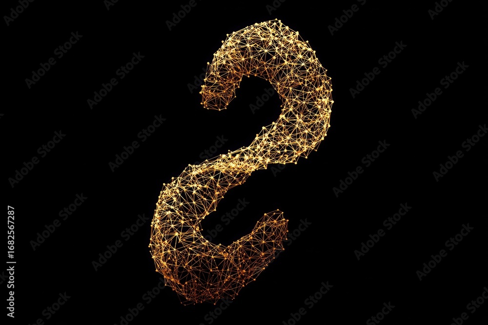 Naklejka premium Golden, swirling, interconnected dots form a question mark against a black background