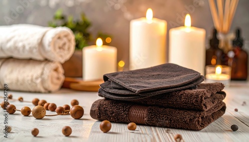 A serene spa scene featuring rolled and folded towels, candles glowing softly, and wooden beads scattered on a white, rustic wood surface creating a calming ambiance