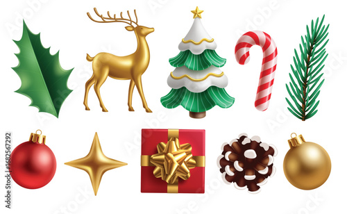 Christmas elements clipart set. Christmas elements clip art for xmas decoration like holly berry and pine tree leaves, gold reindeer, candy cane, star, gift box and pine cone ornaments decorative 