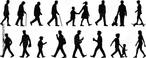 Flat vector illustration of walking people silhouettes, diverse age group, men women children, casual and urban lifestyle concept design