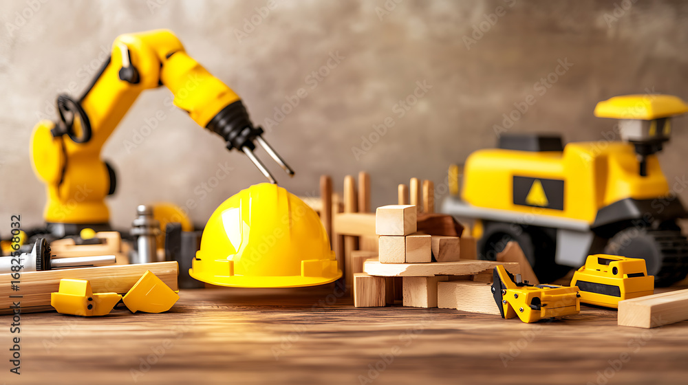 Obraz premium Construction Toy Scene with Hard Hat, Robot Arm, and Wooden Blocks