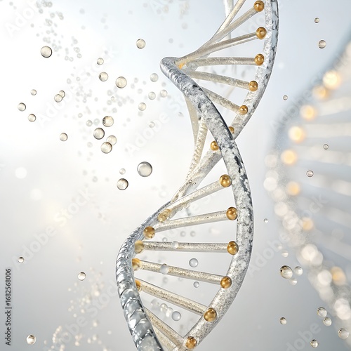 A close-up of a DNA double helix structure with golden and silver elements. Bubbles surround the helix, creating a scientific and modern atmosphere.