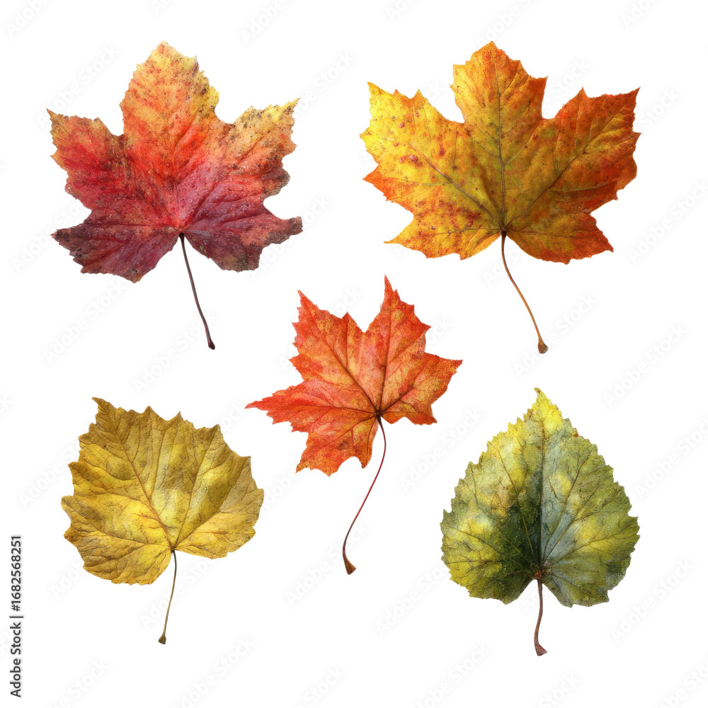 Obraz premium A collection of five colorful autumn leaves in various shapes and shades of red, orange, yellow, and green on a white background.