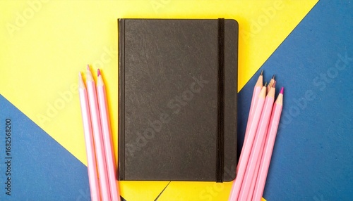 Top-down shot a black notebook, pink pencils lay on a geometric blue and yellow background. Flat lay composition with a minimalist, colorful, and modern feel