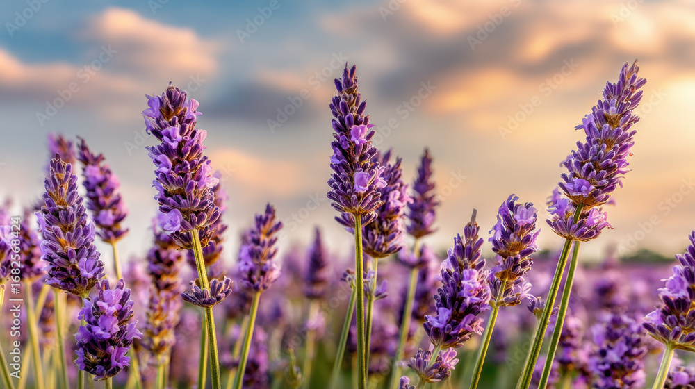 Obraz premium Lavender flowers bloom in vibrant field, showcasing their rich purple hues against backdrop of colorful sunset sky. scene evokes sense of tranquility and natural beauty
