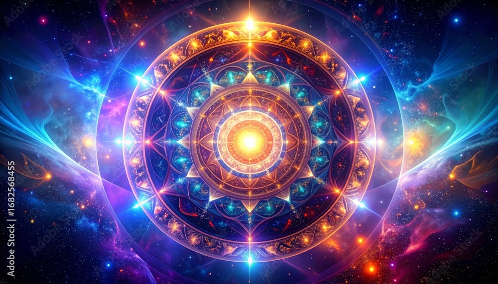 Obraz premium Sacred Cosmic Mandala: A Luminous Gateway Amidst Swirling Nebulae and Stars