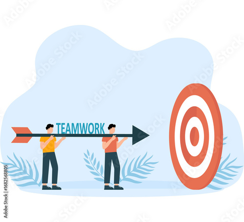Aiming at target, reaching goal or achievement, team collaboration or partnership, teamwork or corporate mission concept
