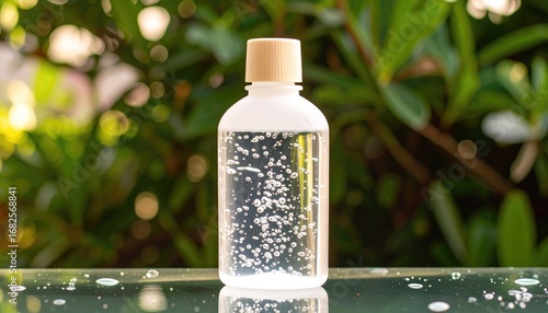 Clear liquid in white bottle, brown cap, bubbles inside, reflects on surface, bokeh green foliage background