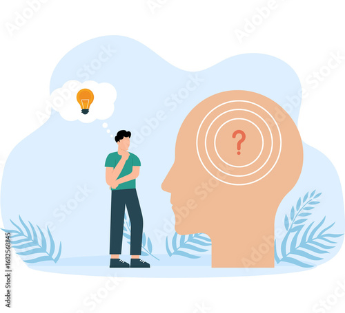 Businessman with Question marks in a human head and one glowing light bulb above vector animation cartoon
