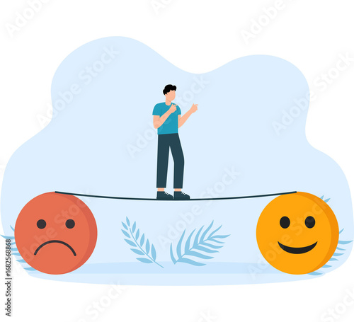 Businessman keeps balance across sad to happy emotio 3d isometric animation concept
