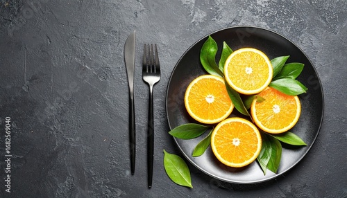 Four orange halves rest on a black plate with green leaves, beside black cutlery on a dark gray textured background